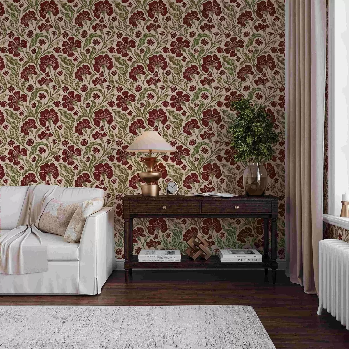 Wallpaper Flori burgund cu frunze verzi pe fundal deschis a00761