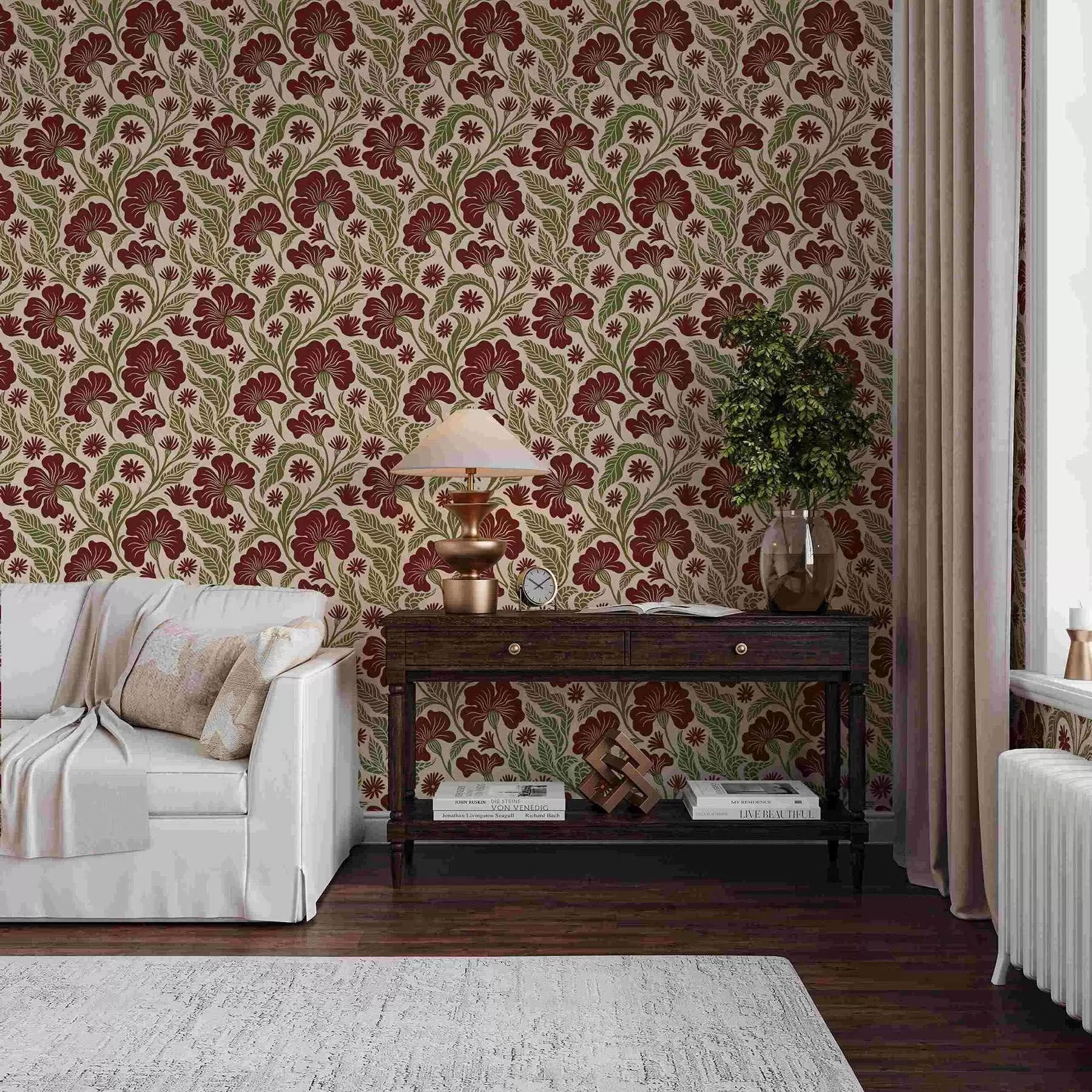 fototapet Flori burgund cu frunze verzi pe fundal deschis a00761