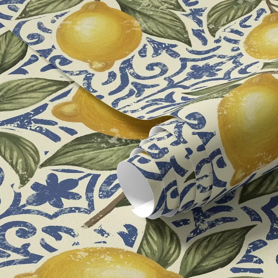 fototapet Ramuri de lămâie cu fundal ornamental albastru a00763