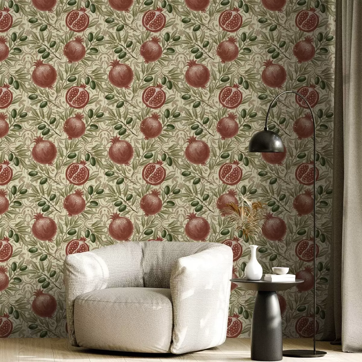 Wallpaper Ramuri de rodie și măslin pe fundal ornamental a00764