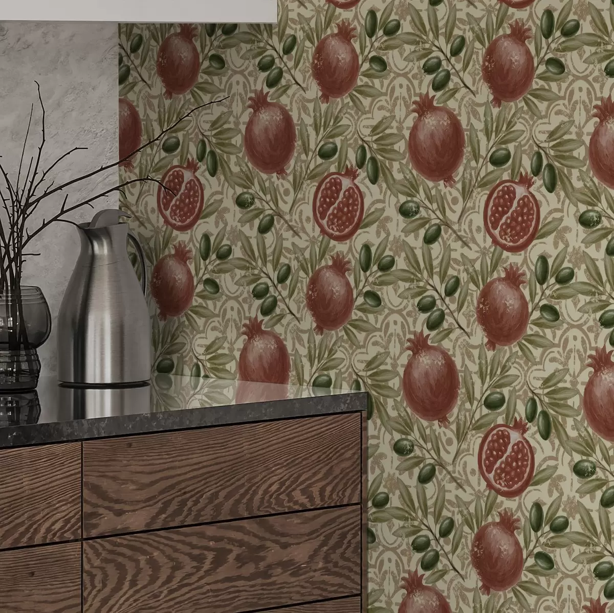 Wallpaper Ramuri de rodie și măslin pe fundal ornamental a00764