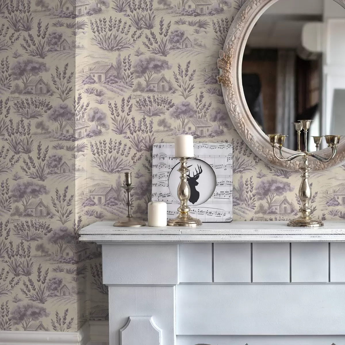 Wallpaper Câmpuri de lavandă și case în tonuri pastelate a00765