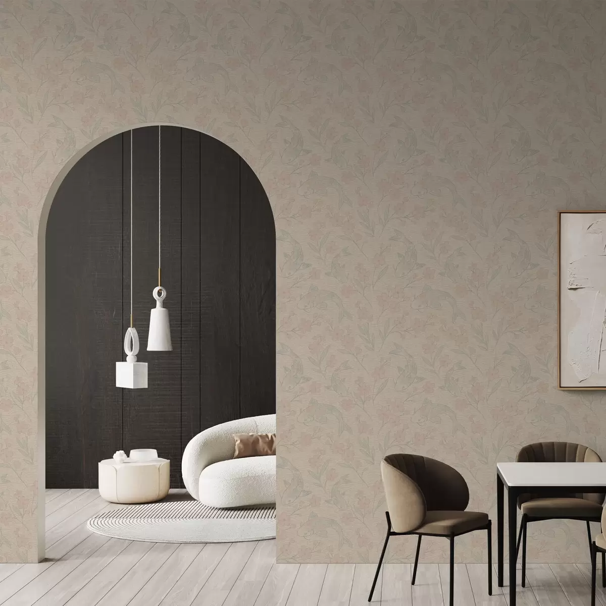 Wallpaper Crapii printre flori în nuanțe delicate de bej-roz a00766