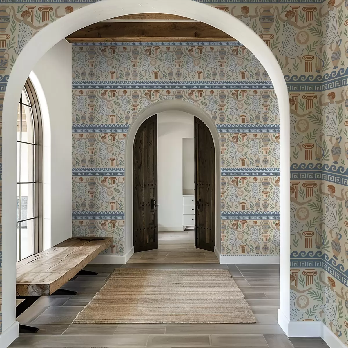 Wallpaper Ornament grecesc antic cu figuri, vase și coloane a00768