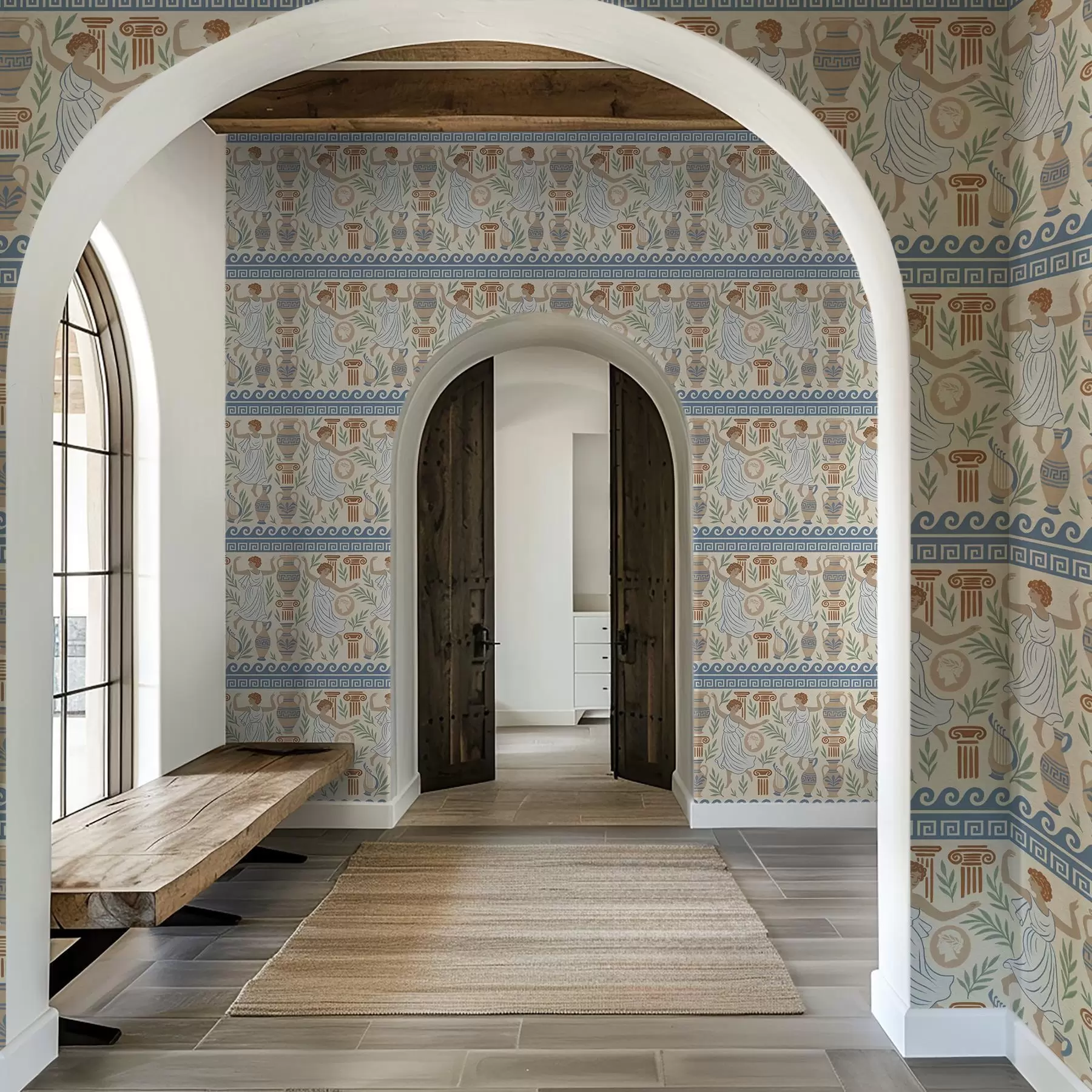 fototapet Ornament grecesc antic cu figuri, vase și coloane a00768