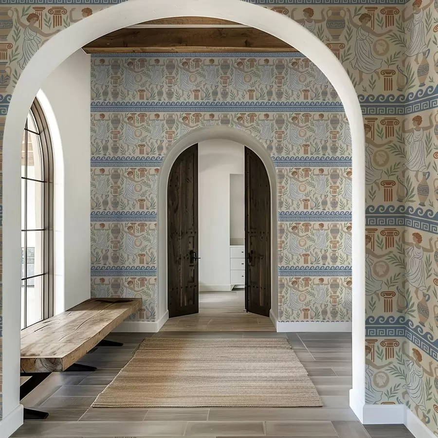 fototapet Ornament grecesc antic cu figuri, vase și coloane a00768