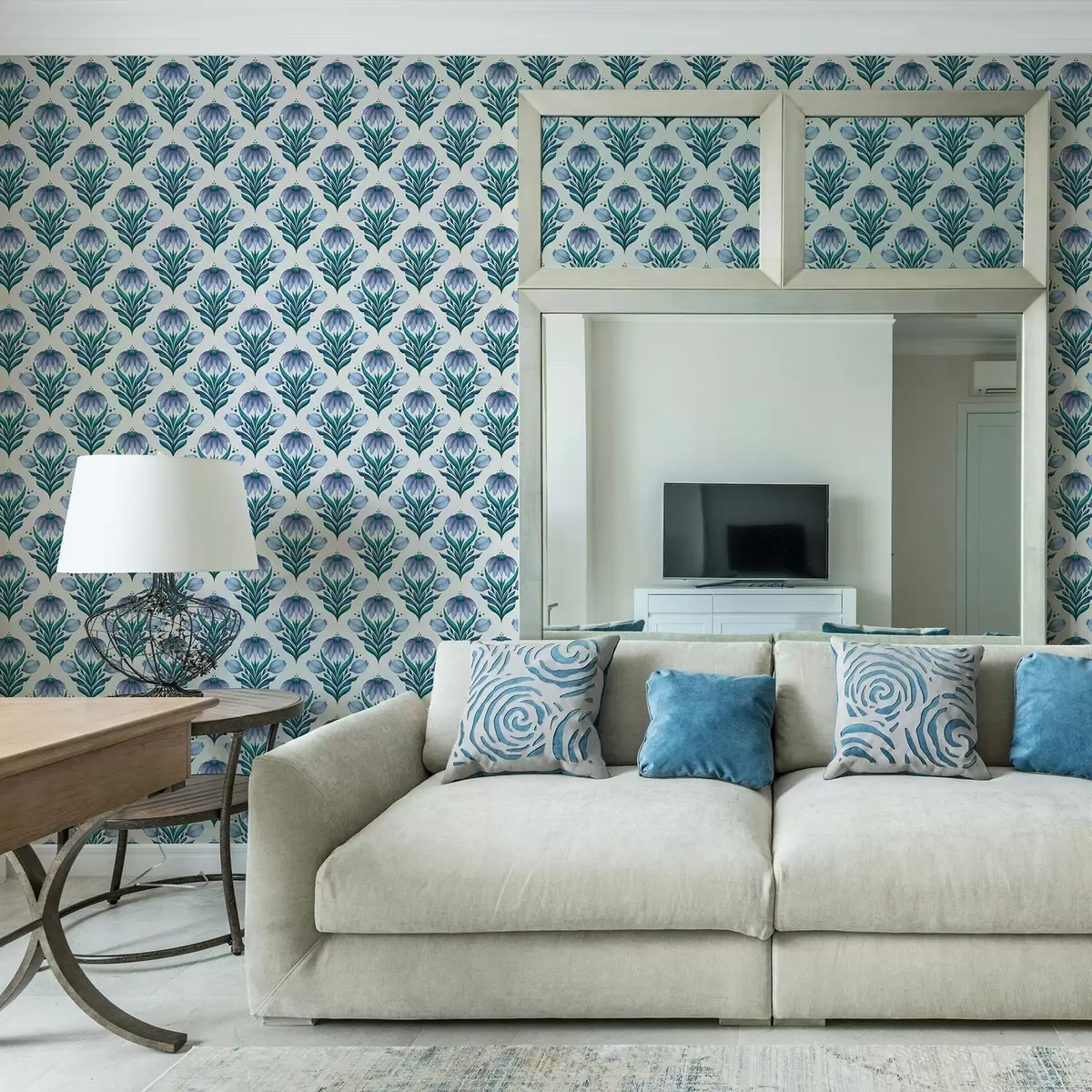 Wallpaper Ornament floral simetric în nuanțe albastru-alb a00812v2