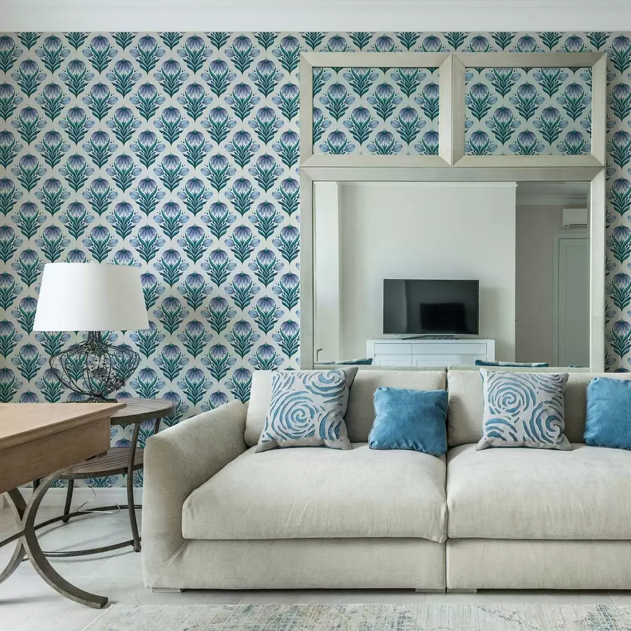 fototapet Ornament floral simetric în nuanțe albastru-alb a00812v2