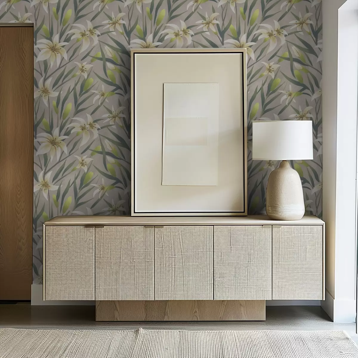 Wallpaper Crini crem cu frunze pe fundal gri-bej a00837