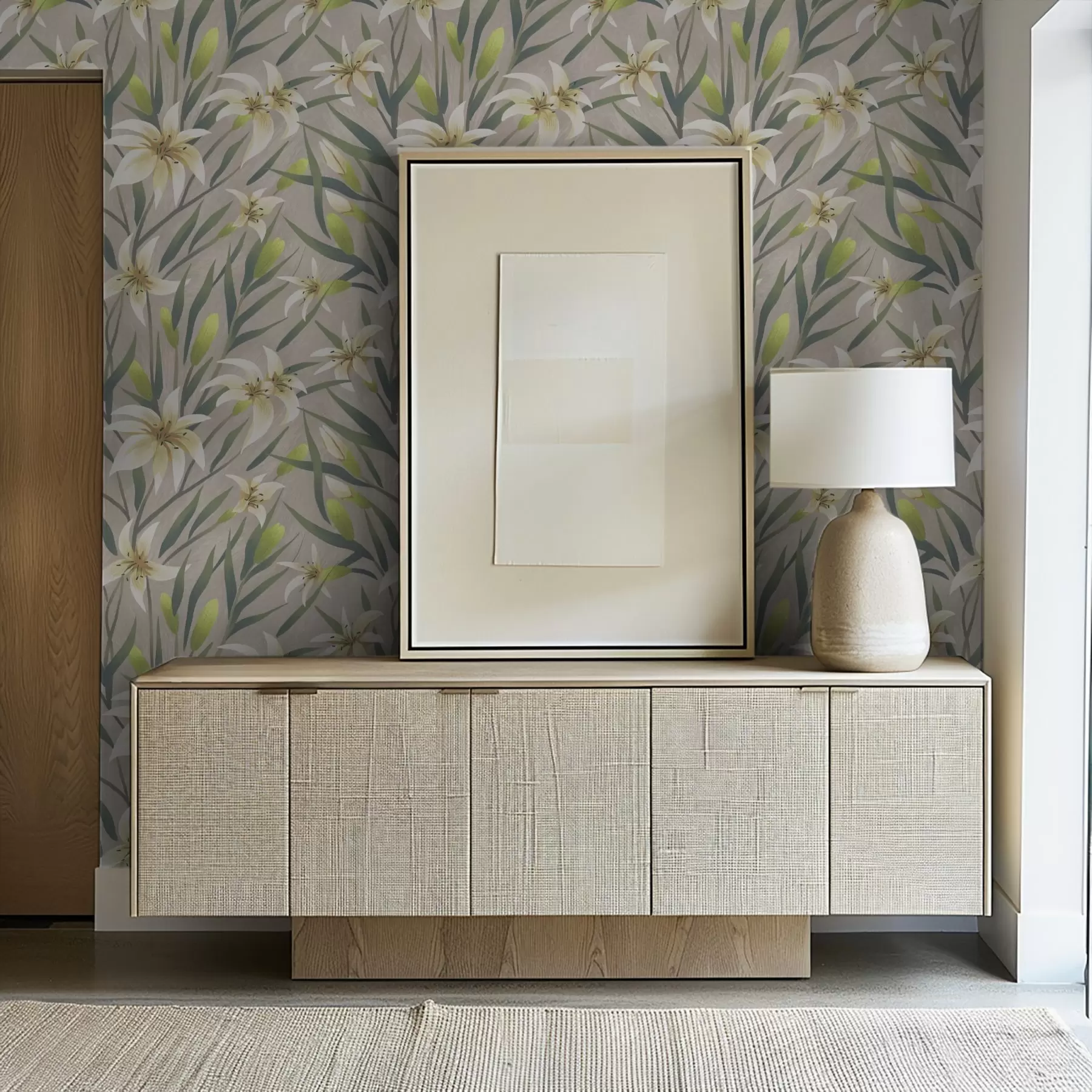 fototapet Crini crem cu frunze pe fundal gri-bej a00837