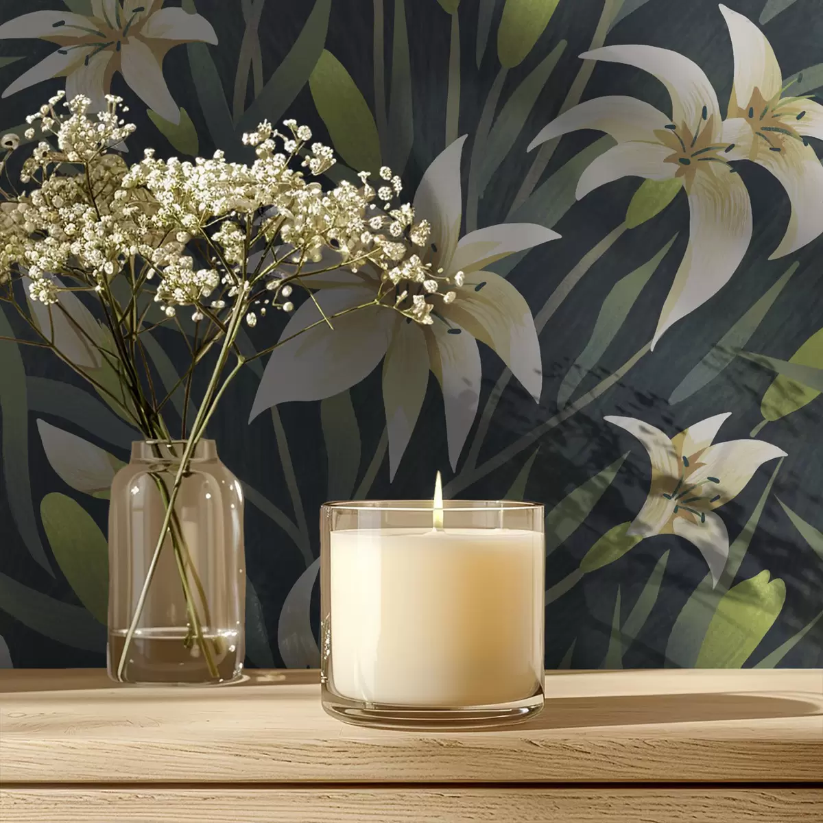 Wallpaper Crini crem cu frunze pe fundal închis a00837v1