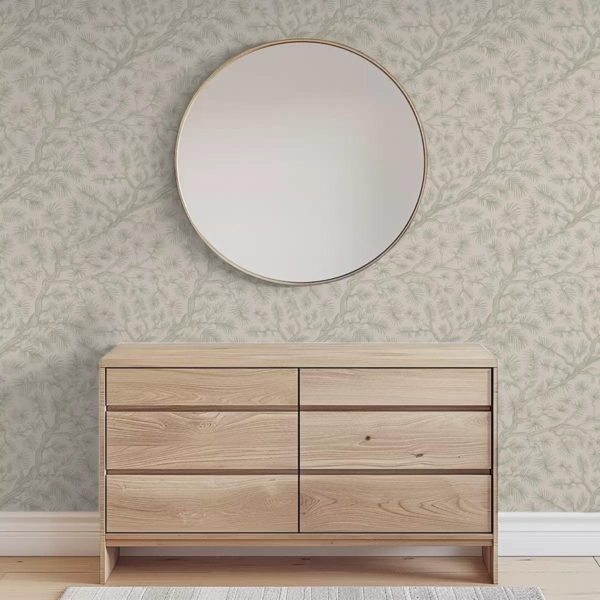 Wallpaper Ramuri de pin în nuanțe de verde deschis pe fundal bej a00838v1