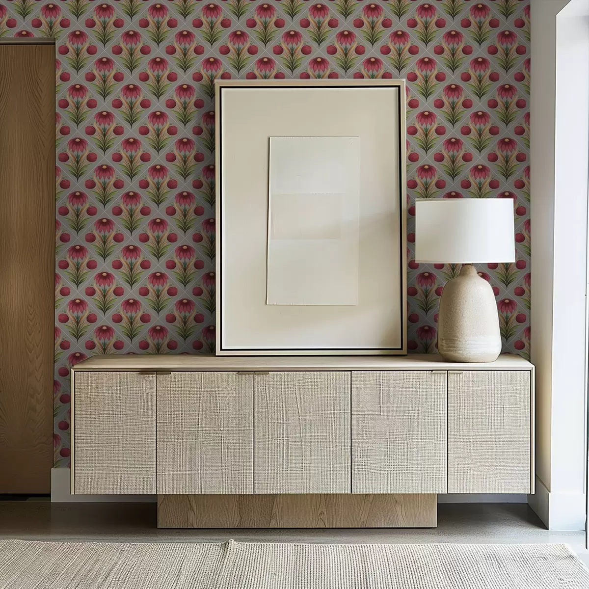 Wallpaper Ornament floral simetric pe fond gri cu diagonale a00869