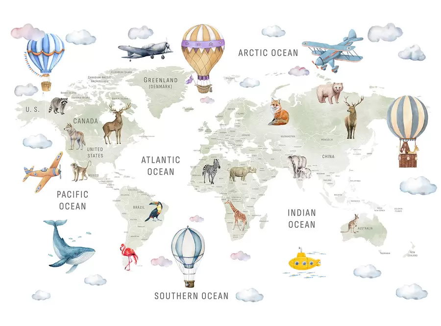 fototapet Harta pentru copii în stil acuarelă, cu animale și baloane cu aer cald. Limba engleză. Culoare verde c00001en