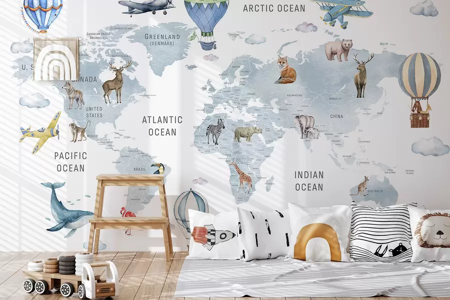 fototapet Harta pentru copii în stil acuarelă, cu animale și baloane cu aer cald. Limba engleză. Culoare albastră. c00001env1