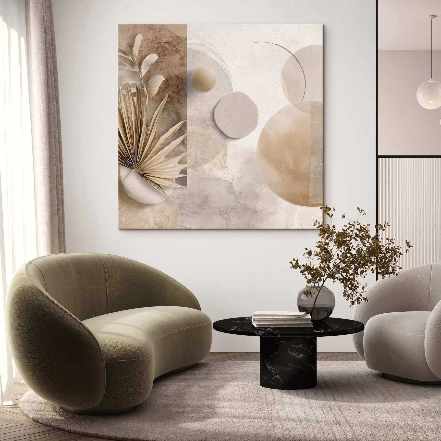 Tablouri Frunze de palmier uscate și cercuri 3D în tonuri de bej s46310