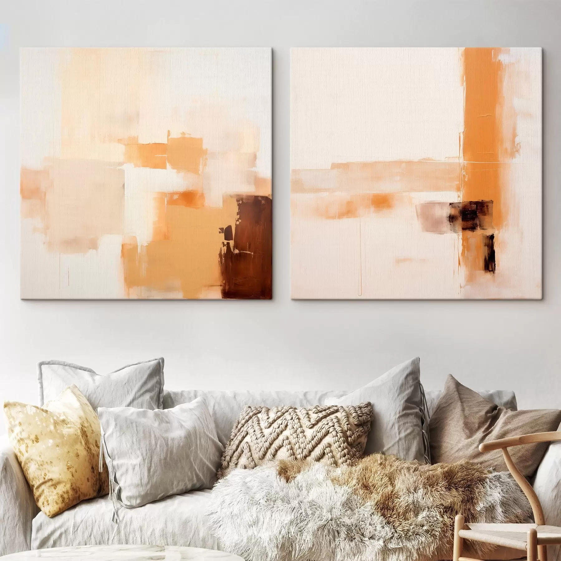 Tablouri Compoziție abstractă din două părți, în culori bej și maro m00891