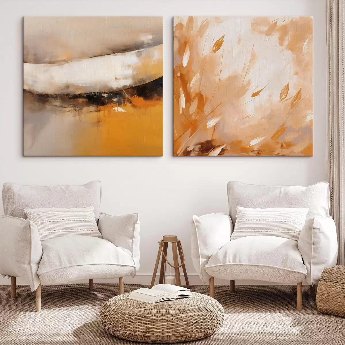 Tablouri Diptic abstract în stil ulei, în tonuri de galben-portocaliu și negru m00897