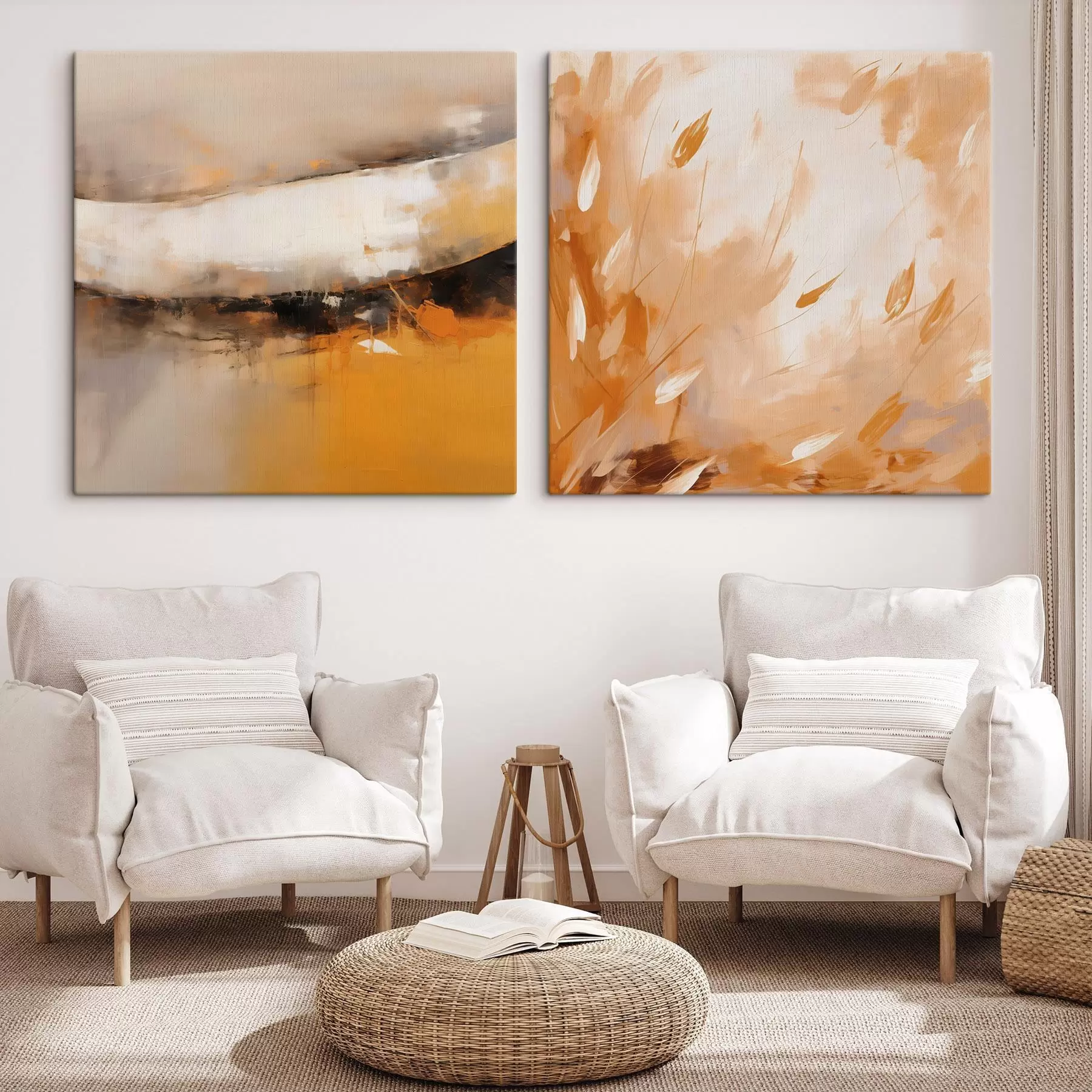 Tablouri Diptic abstract în stil ulei, în tonuri de galben-portocaliu și negru m00897