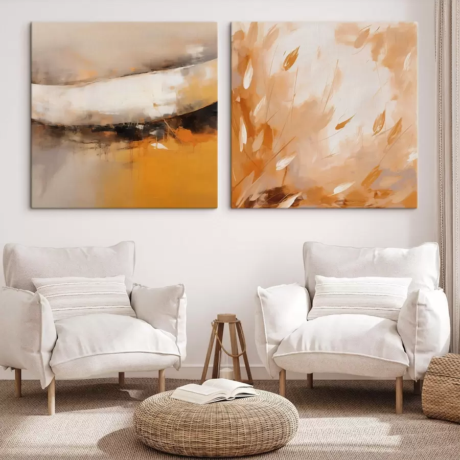 Tablouri Diptic abstract în stil ulei, în tonuri de galben-portocaliu și negru m00897
