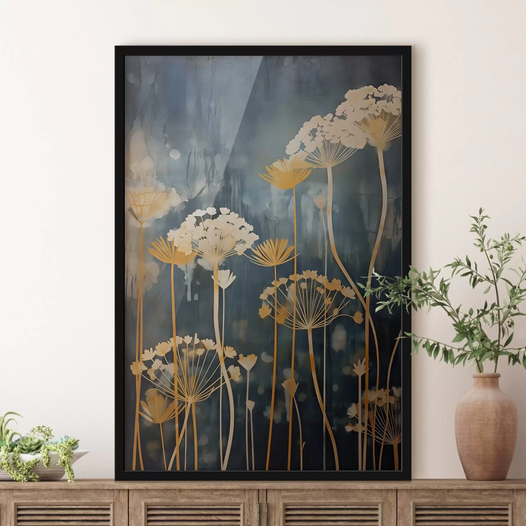 fototapet Flori stilizate cu tulpini subțiri pe un fundal întunecat f46188