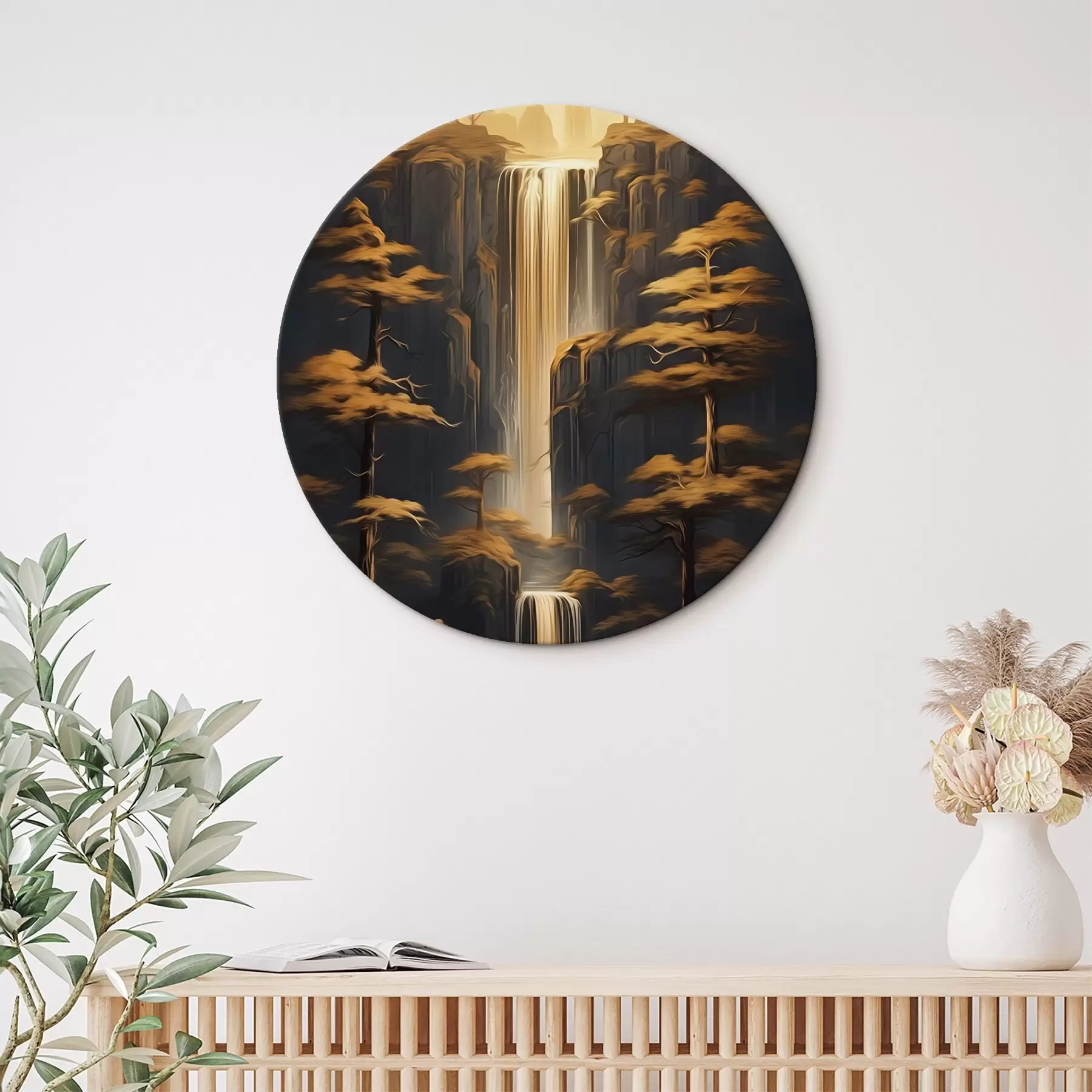 Tablouri Stânci înalte cu o cascadă și pini în lumina serii r46151