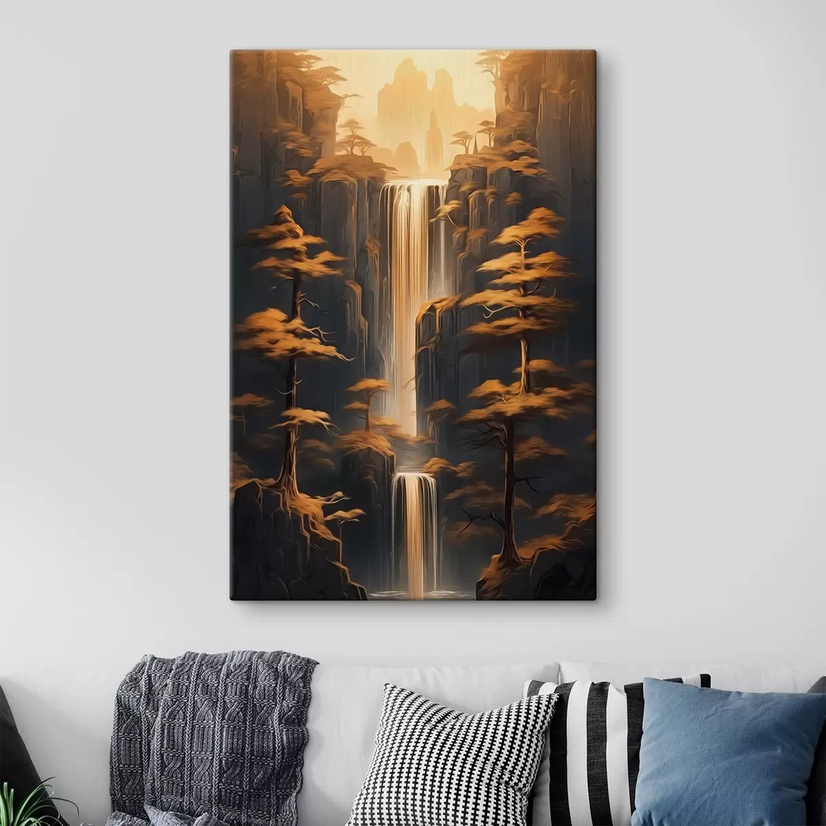 Tablouri Stânci înalte cu o cascadă și pini în lumina serii s46151