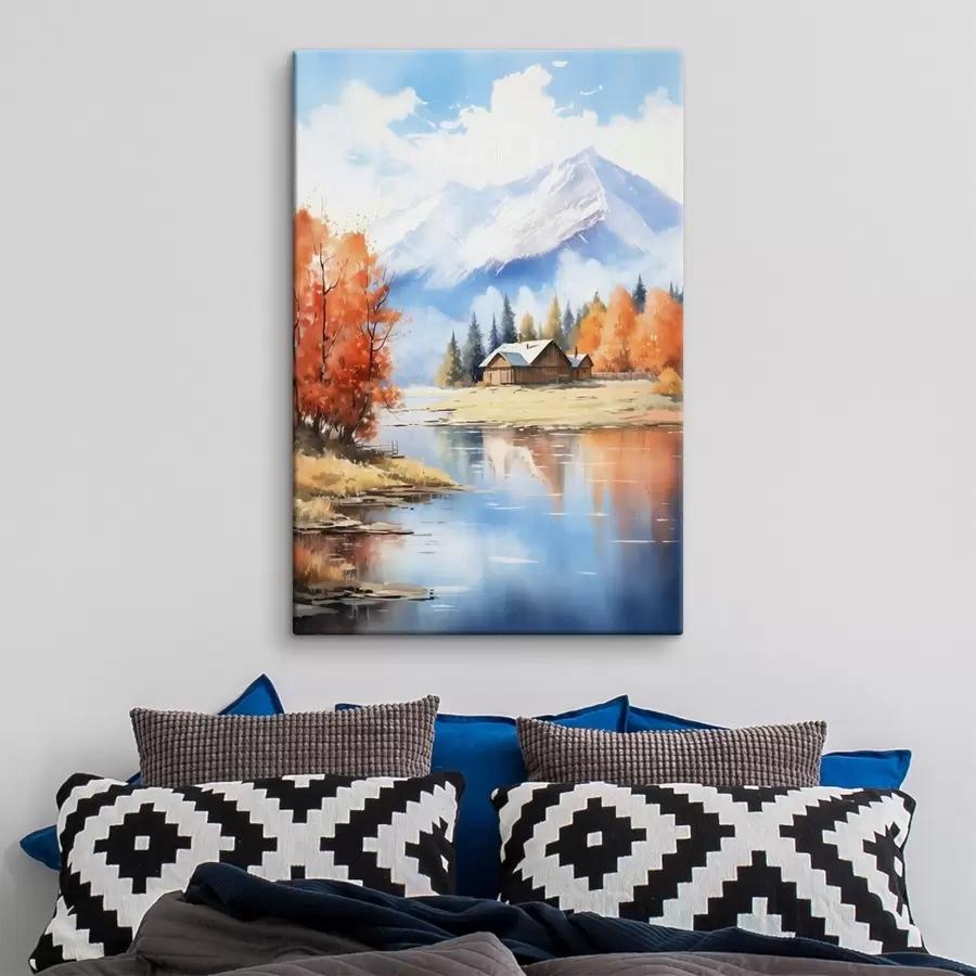 Tablouri Peisaj de toamnă lângă lac, cu o casă și munți s46184