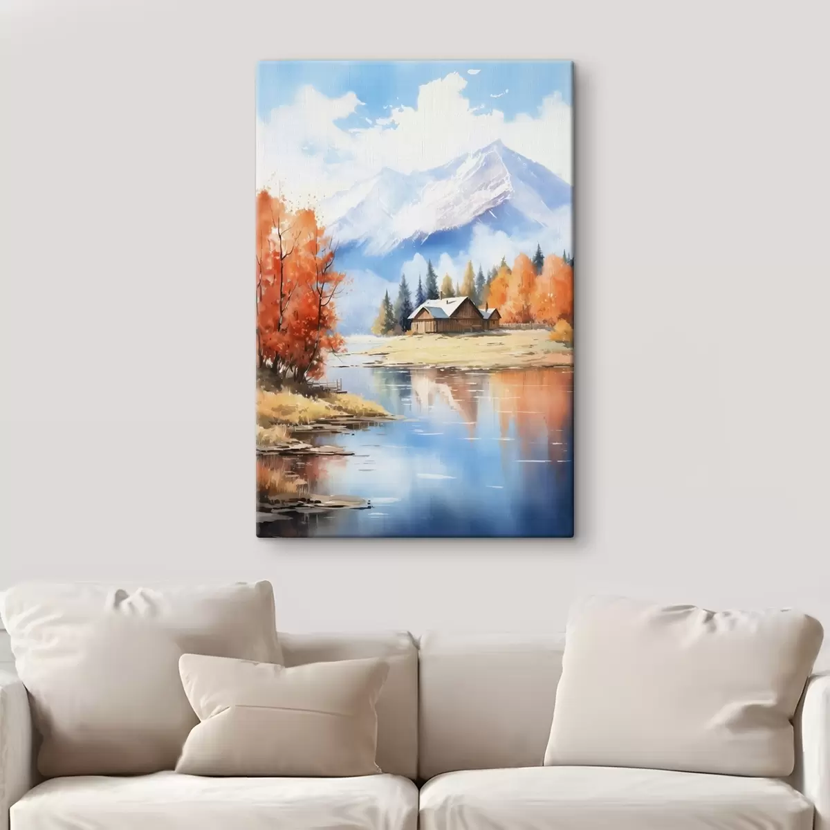 Tablouri Peisaj de toamnă lângă lac, cu o casă și munți s46184