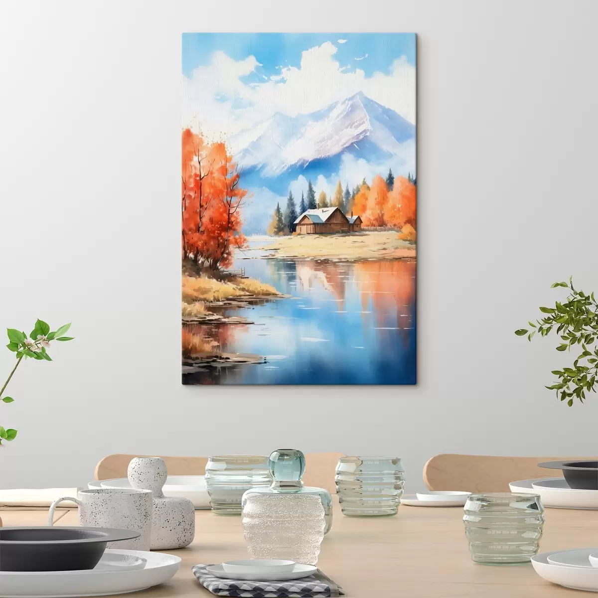 Tablouri Peisaj de toamnă lângă lac, cu o casă și munți s46184