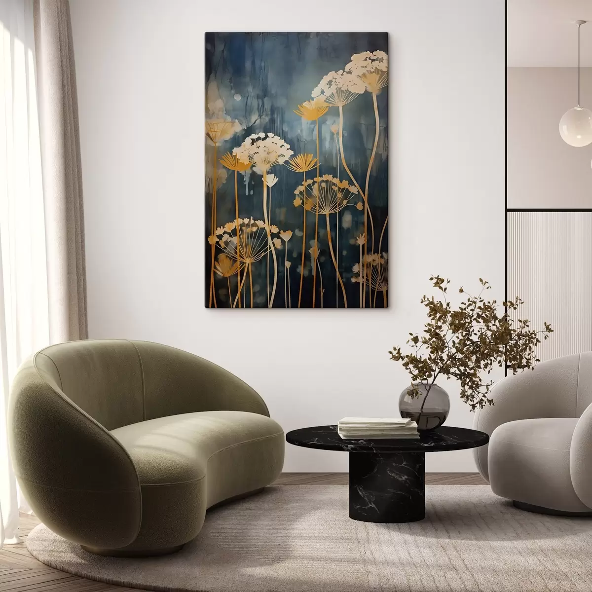 Tablouri Flori stilizate cu tulpini subțiri pe un fundal întunecat s46188