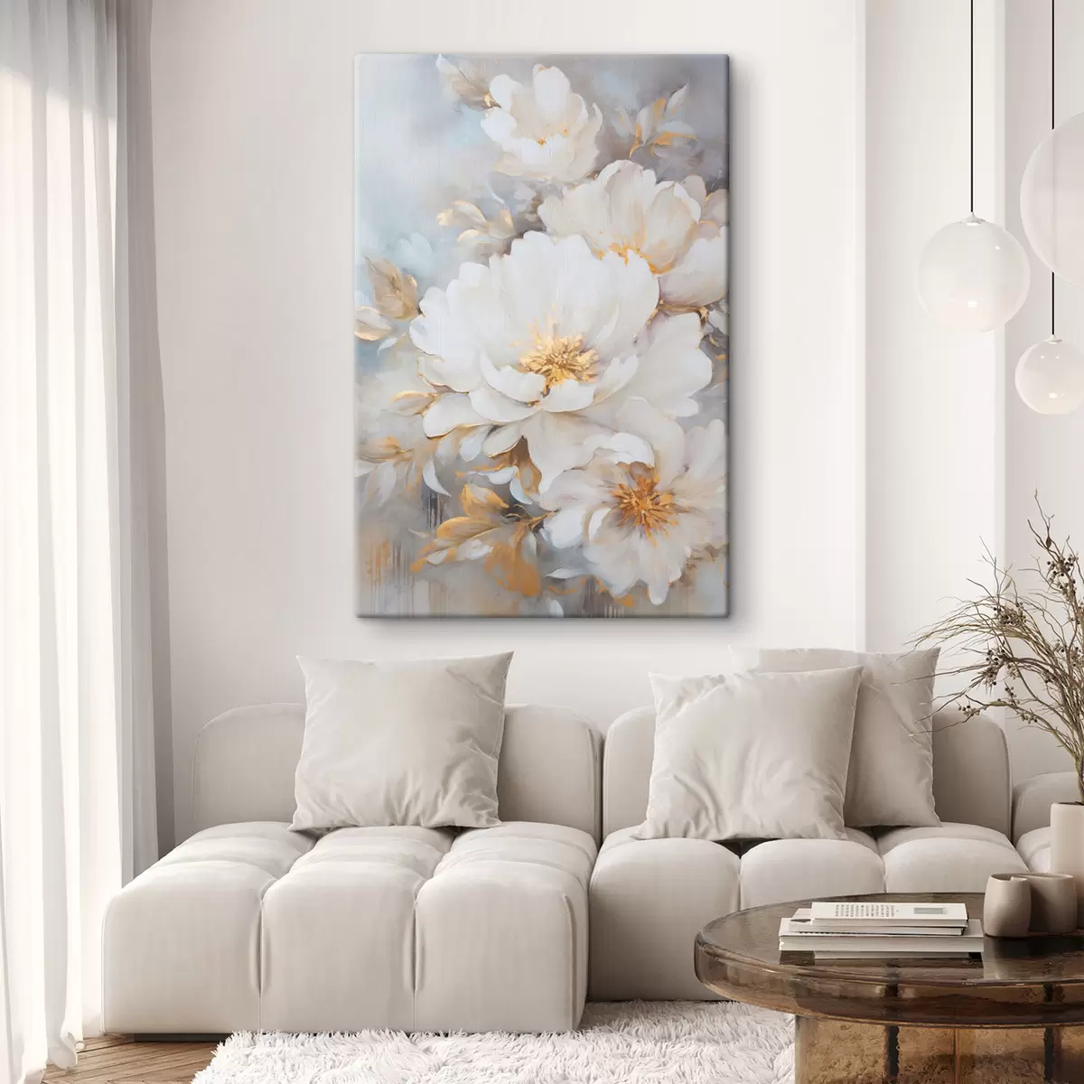 Tablouri Bujori albi cu mijlocul și frunzele galbene, tușe delicate, fundal albastru deschis, aranjament floral s46271