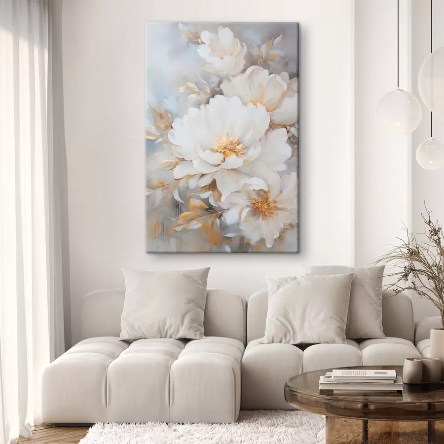 Tablouri Bujori albi cu mijlocul și frunzele galbene, tușe delicate, fundal albastru deschis, aranjament floral s46271