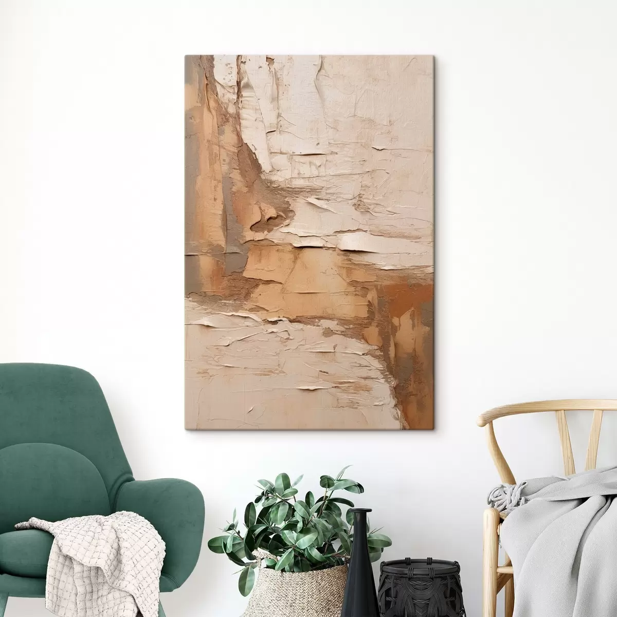 Tablouri Pictură abstractă cu tușe groase, tonuri de bej și maro, suprafață texturată, paletă de culori neutre s46273