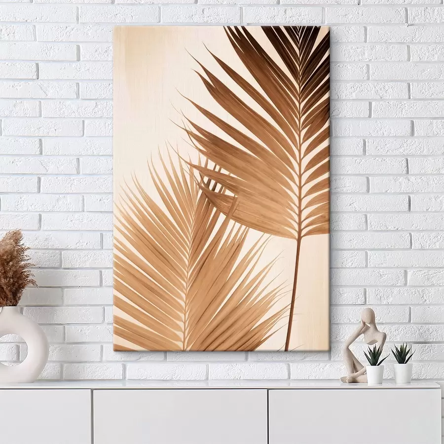 Tablouri Frunze de palmier în tonuri maronii, fundal neutru, stil minimalist, iluminare naturală, atmosferă tropicală s46274