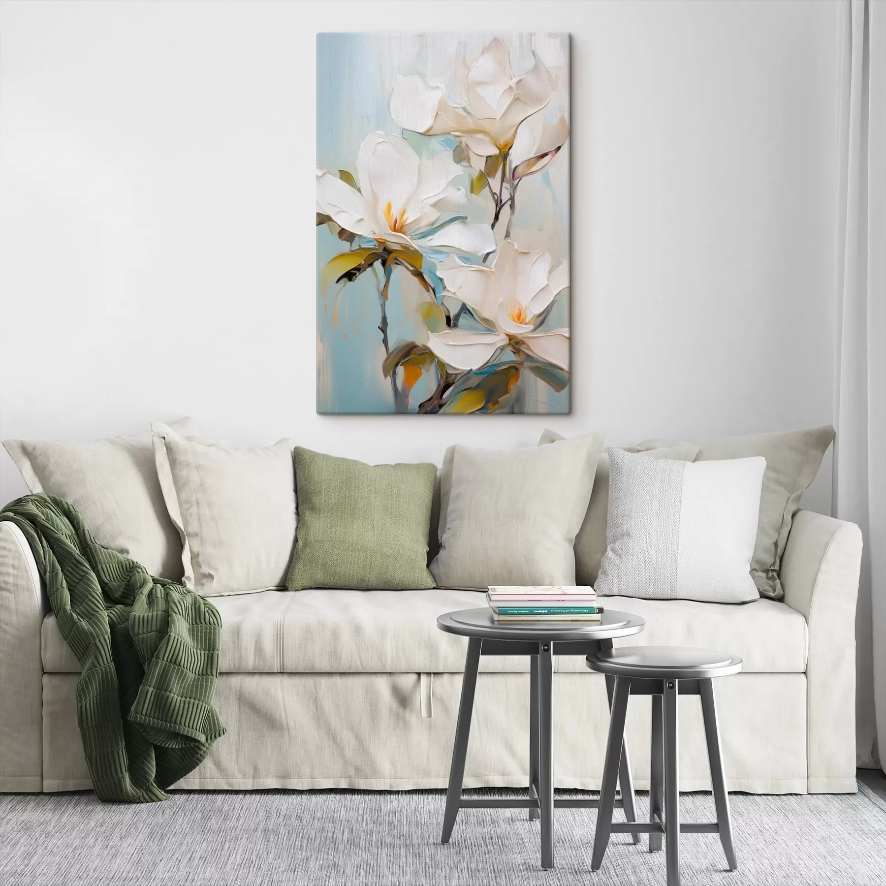 Tablouri Flori albe de magnolie, fundal albastru deschis cu tușe delicate, stil pictură în ulei, textură impasto s46276