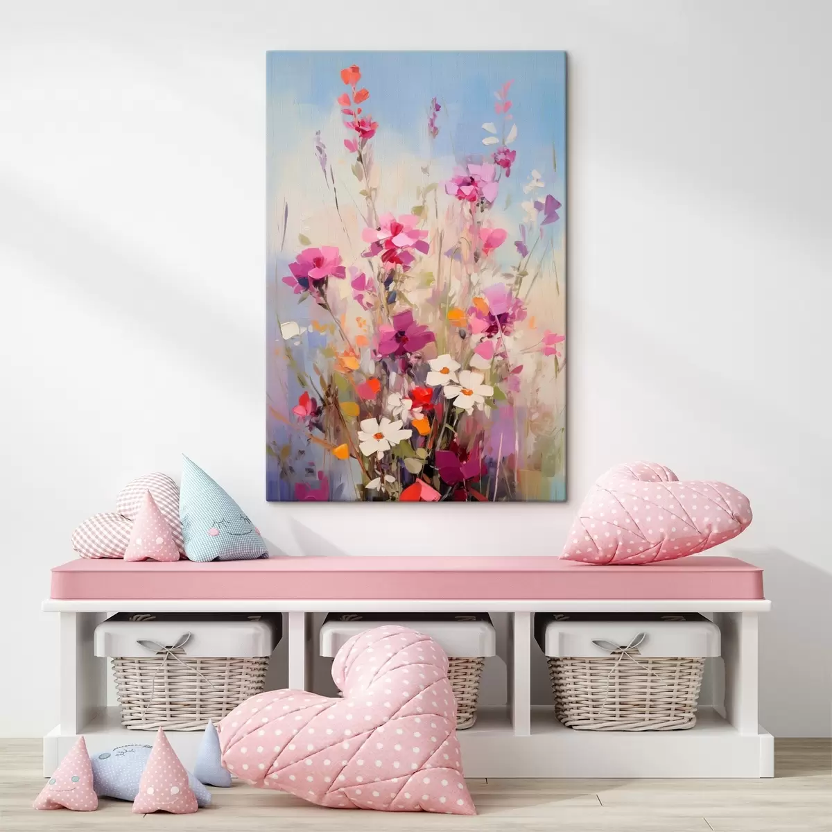 Tablouri Flori vibrante de culoare roz, albă și verde pe un fundal moale, în culori pastelate s46278