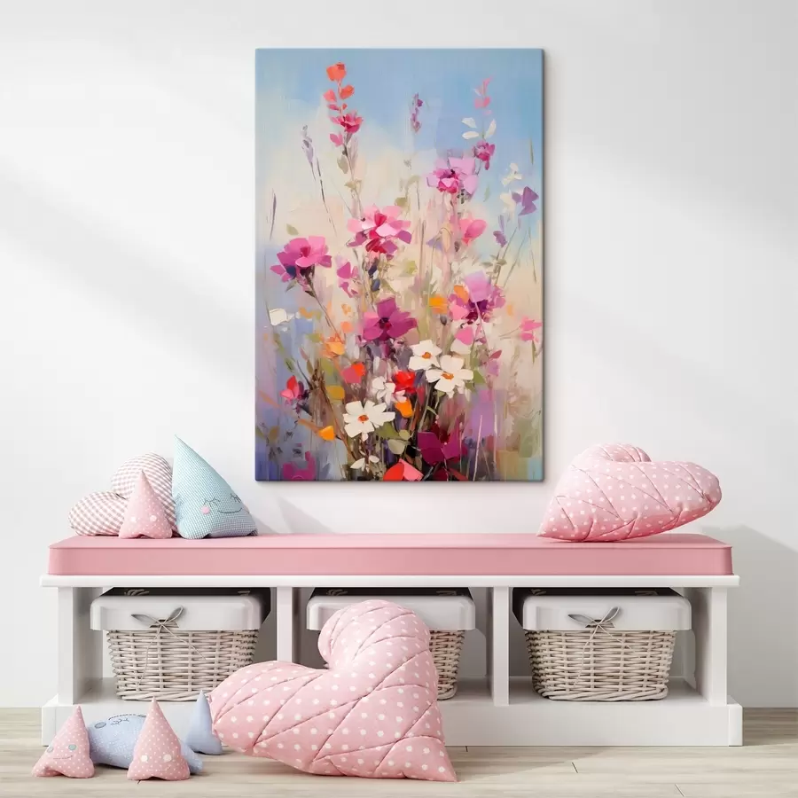 Tablouri Flori vibrante de culoare roz, albă și verde pe un fundal moale, în culori pastelate s46278