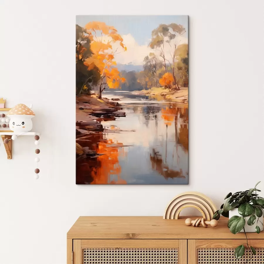 Tablouri Peisaj de toamnă, râu cu copaci pe mal, pădure în fundal, reflexii pe apă s46280