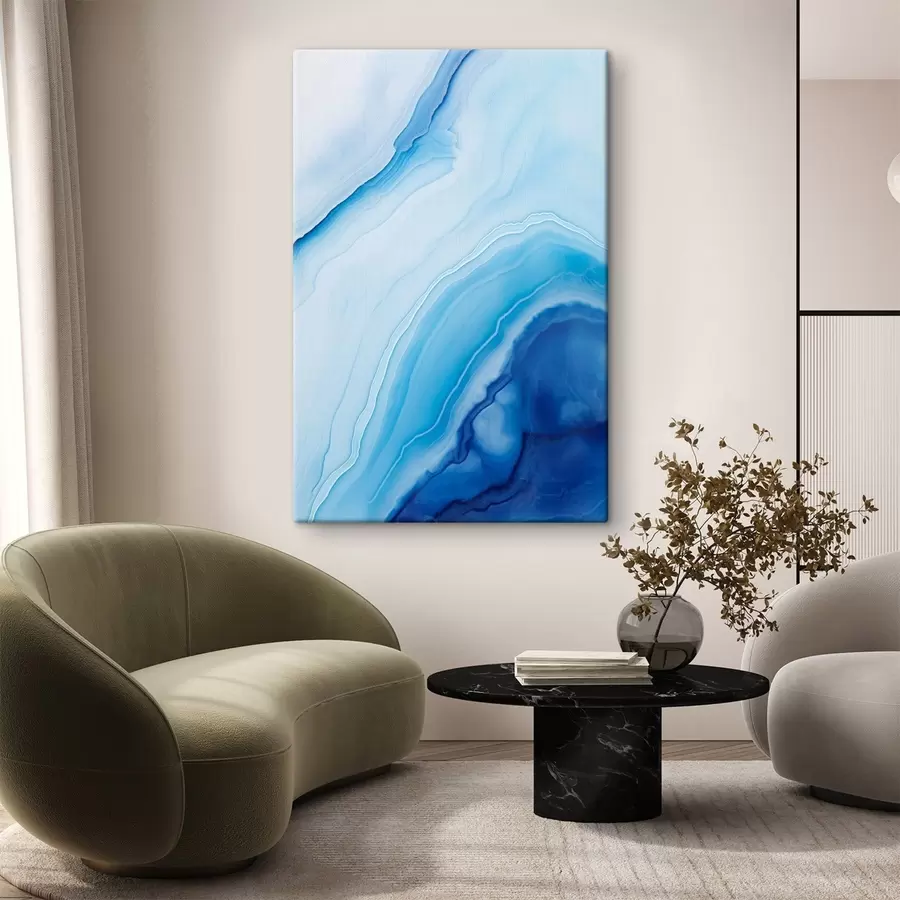 Tablouri Imprimare abstractă albastră și albă cu agate, linii și gradienturi învolburate, textură netedă, artă modernă, minimalistă s46290