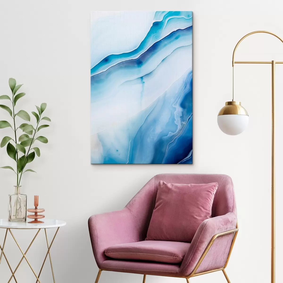 Tablouri Imprimare abstractă albastră și albă cu agate, linii și gradienturi învolburate, textură netedă, artă modernă, minimalistă s46291