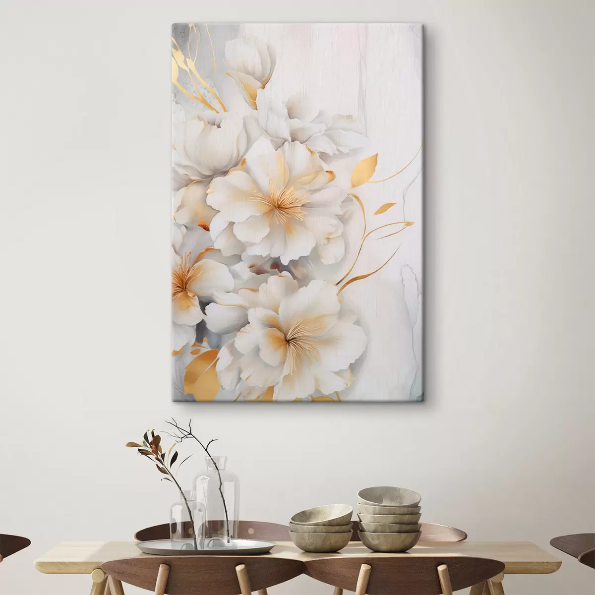 Tablouri Flori albe cu detalii galbene, petale cu umbre subtile, fundal deschis cu efect marmorat subtil s46292