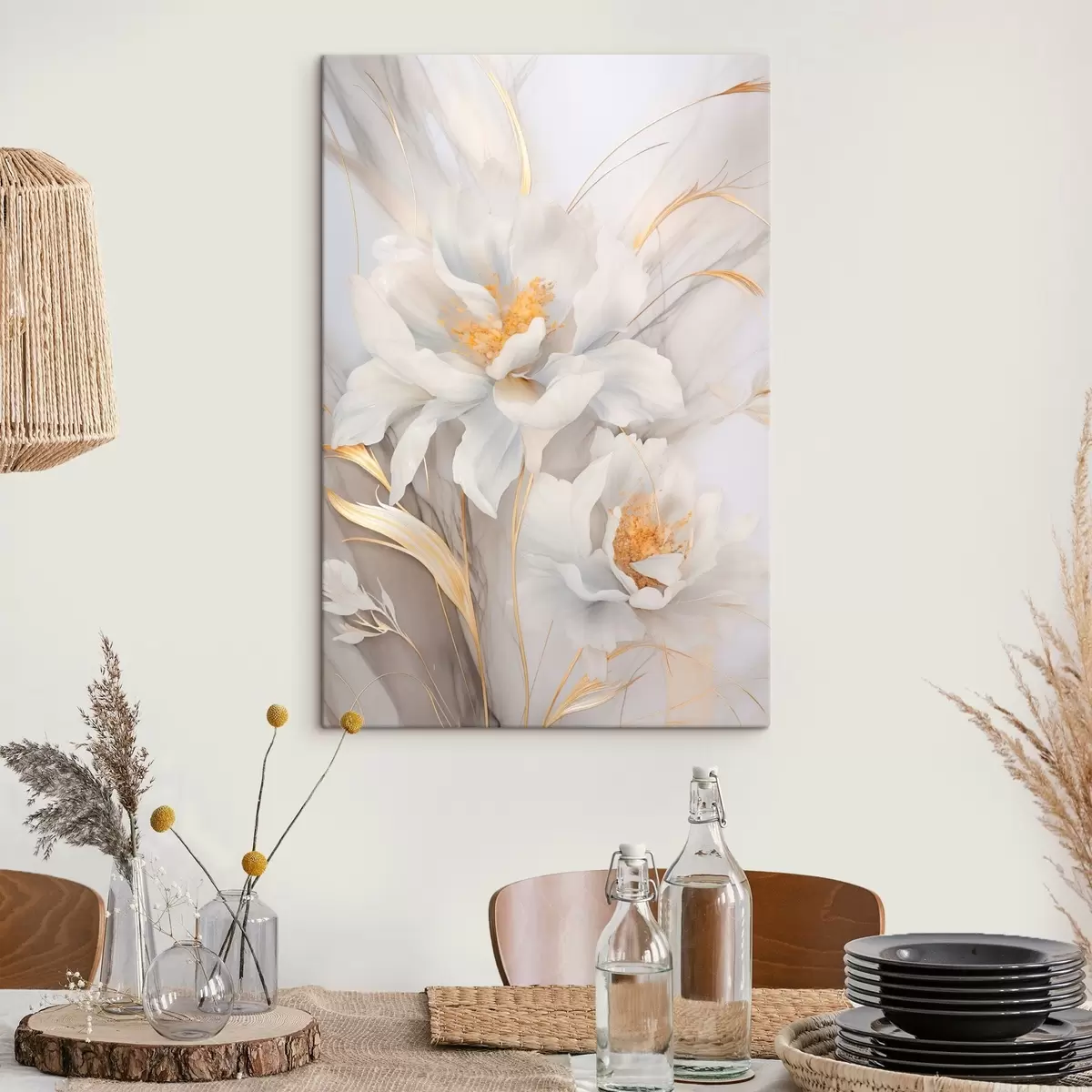 Tablouri Flori albe cu pistili și tulpini galbene, petale delicate, compoziție elegantă, fundal neutru s46293