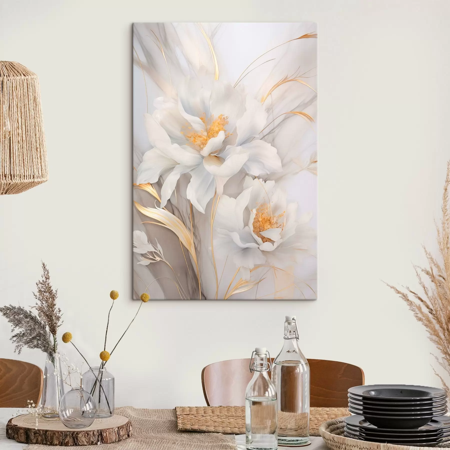 Tablouri Flori albe cu pistili și tulpini galbene, petale delicate, compoziție elegantă, fundal neutru s46293