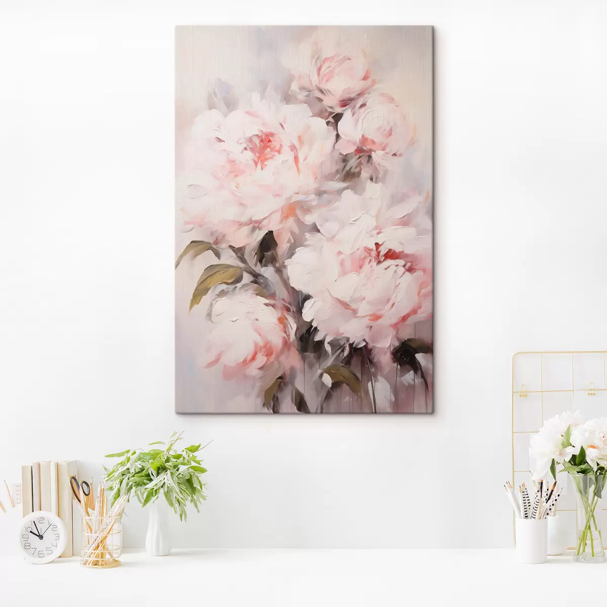 Tablouri Un buchet de bujori roz deschis cu frunze verzi, tușe delicate, culori pastelate, pe un fundal deschis s46294