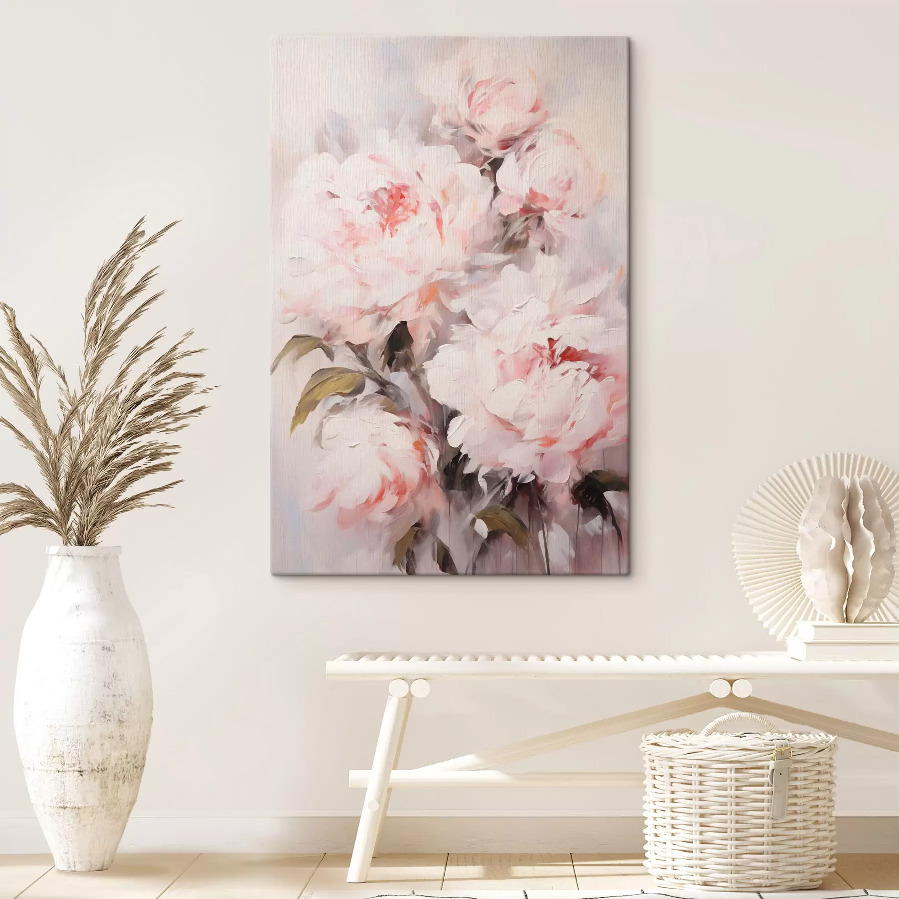 Tablouri Un buchet de bujori roz deschis cu frunze verzi, tușe delicate, culori pastelate, pe un fundal deschis s46294