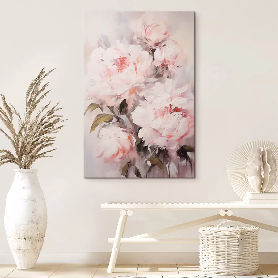 Tablouri Un buchet de bujori roz deschis cu frunze verzi, tușe delicate, culori pastelate, pe un fundal deschis s46294