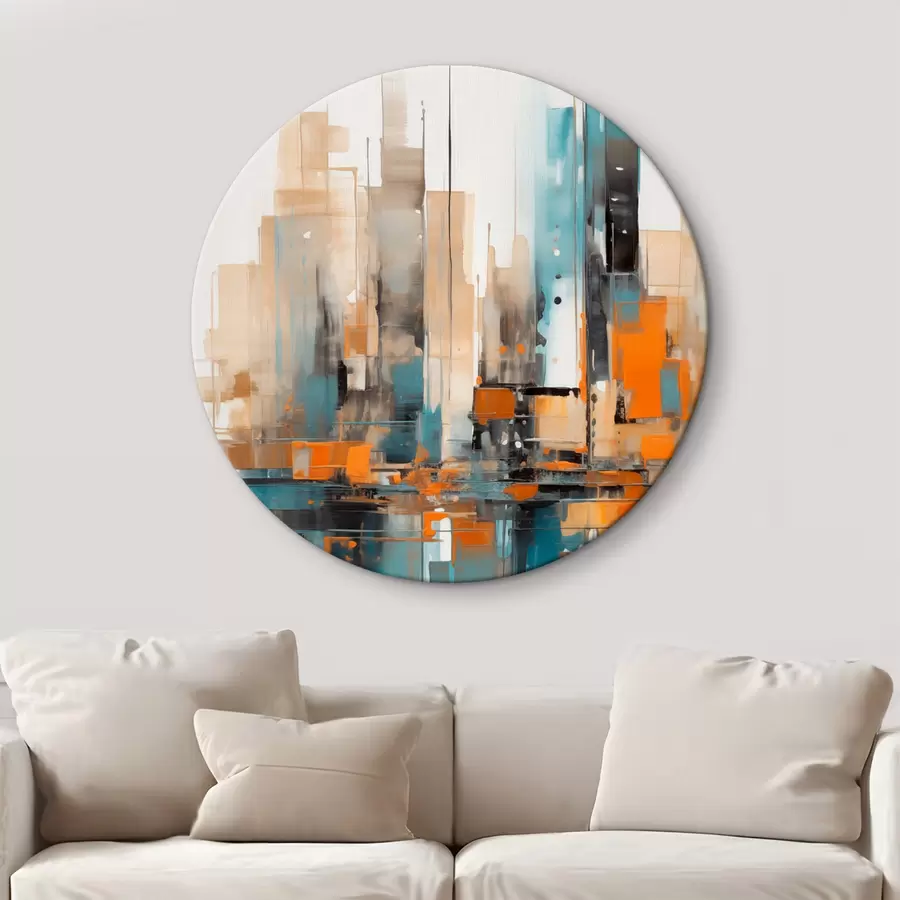 Tablouri Peisaj urban abstract cu portocaliu, verde-albastru și maro, pensule verticale și forme geometrice r46266