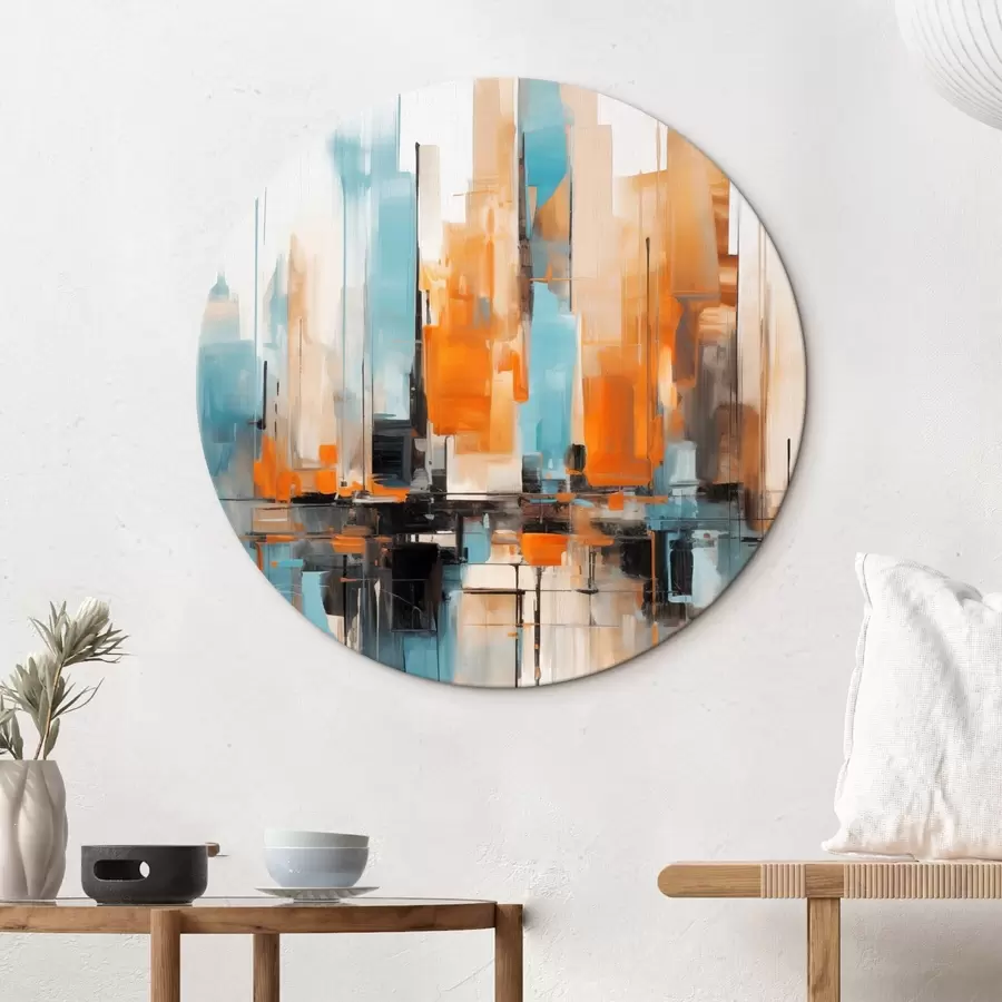 Tablouri Peisaj urban abstract cu tușe verticale în nuanțe de portocaliu, albastru și alb, stil pictural r46267