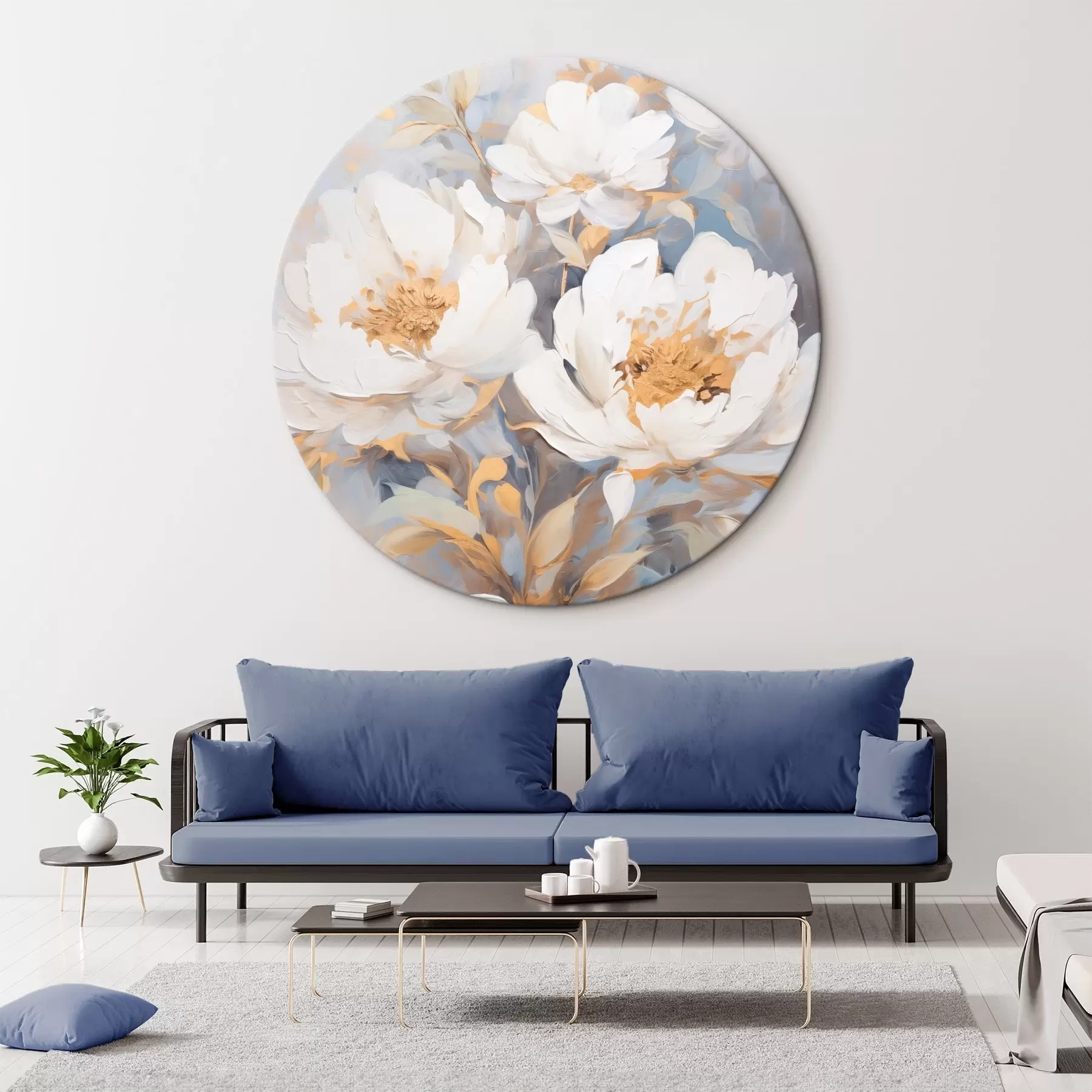 Tablouri Bujori albi cu mijloc și frunze albastre, tușe delicate, fundal albastru deschis, aranjament floral r46270